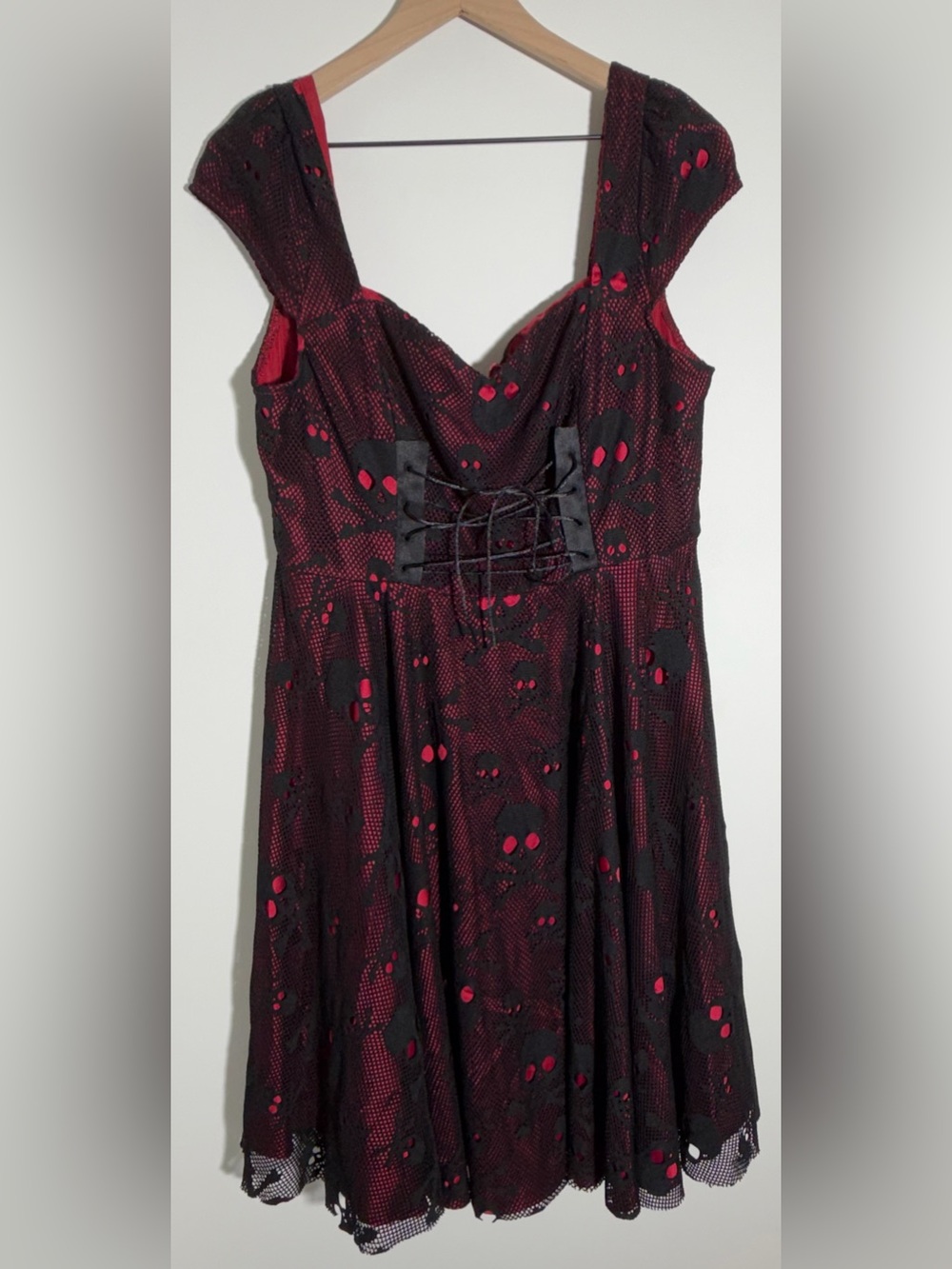 Red and Black Midi Dress with Lace-Up Waist